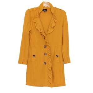 Anthropologie Luii Sz L 100% Wool Mustard Yellow Sweater Coat Ruffle Long Jacket